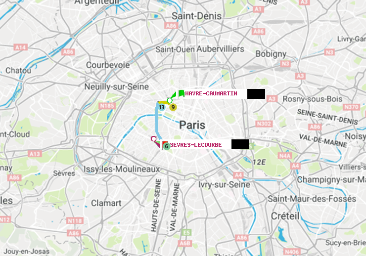 plan itinéraire ratp de Havre-Caumartin à Sèvres-Lecourbe