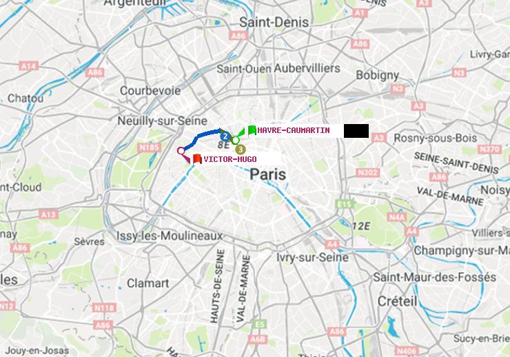 plan itinéraire ratp de Havre-Caumartin à Victor Hugo