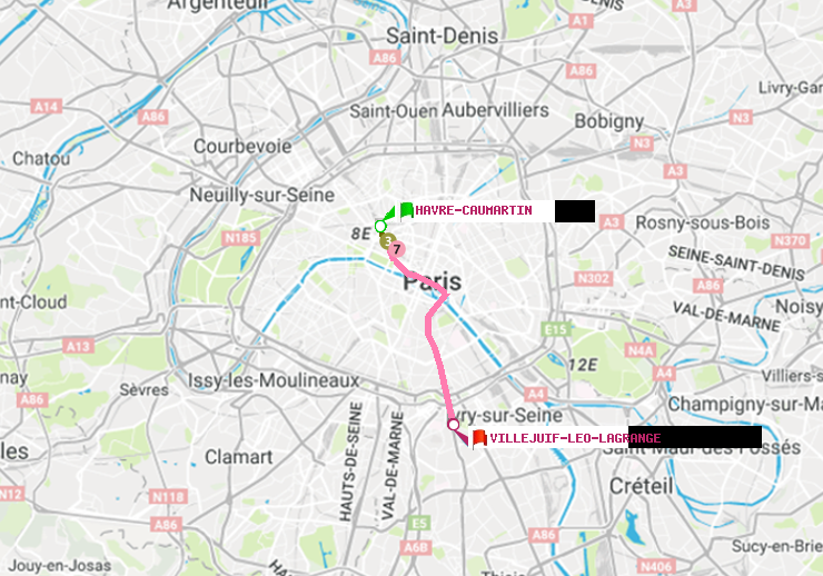 plan itinéraire ratp de Havre-Caumartin à Villejuif-Léo Lagrange