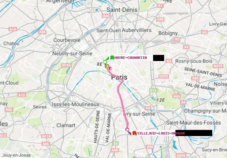 plan itinéraire ratp de Havre-Caumartin à Villejuif-Louis Aragon