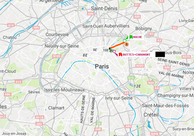 plan itinéraire ratp de Hoche à Buttes-Chaumont