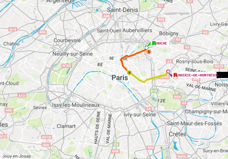 plan itinéraire ratp de Hoche à Mairie de Montreuil