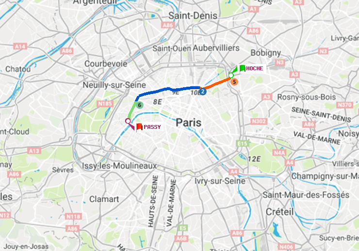 plan itinéraire ratp de Hoche à Passy