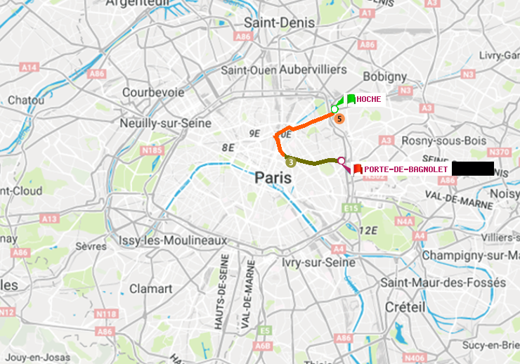 plan itinéraire ratp de Hoche à Porte de Bagnolet