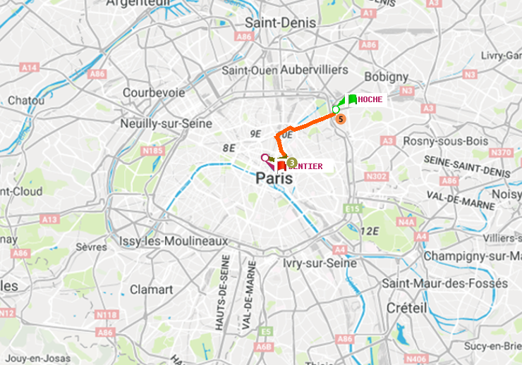 plan itinéraire ratp de Hoche à Sentier