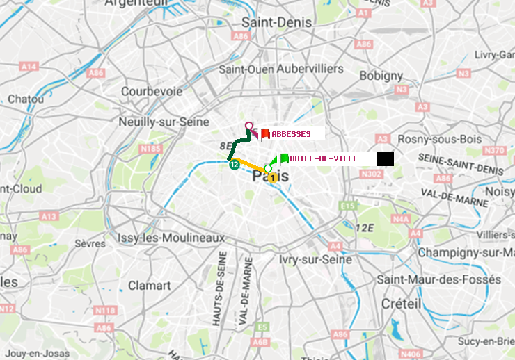 plan itinéraire ratp de Hôtel de Ville à Abbesses