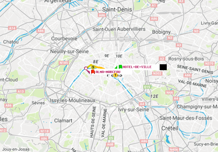 plan itinéraire ratp de Hôtel de Ville à Alma-Marceau