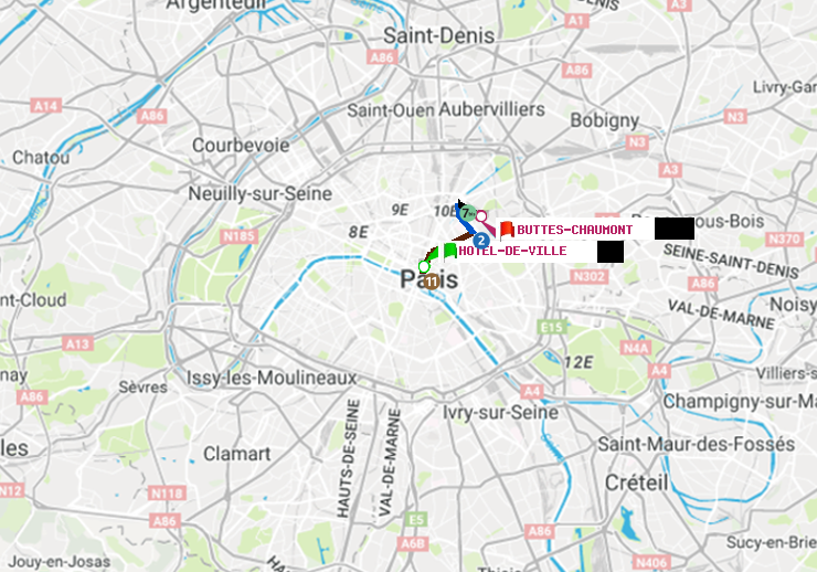 plan itinéraire ratp de Hôtel de Ville à Buttes-Chaumont