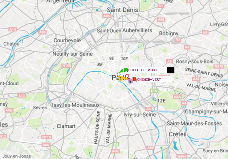 plan itinéraire ratp de Hôtel de Ville à Chemin Vert