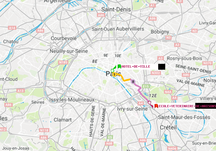 plan itinéraire ratp de Hôtel de Ville à Ecole Vétérinaire de Maisons-Alfort