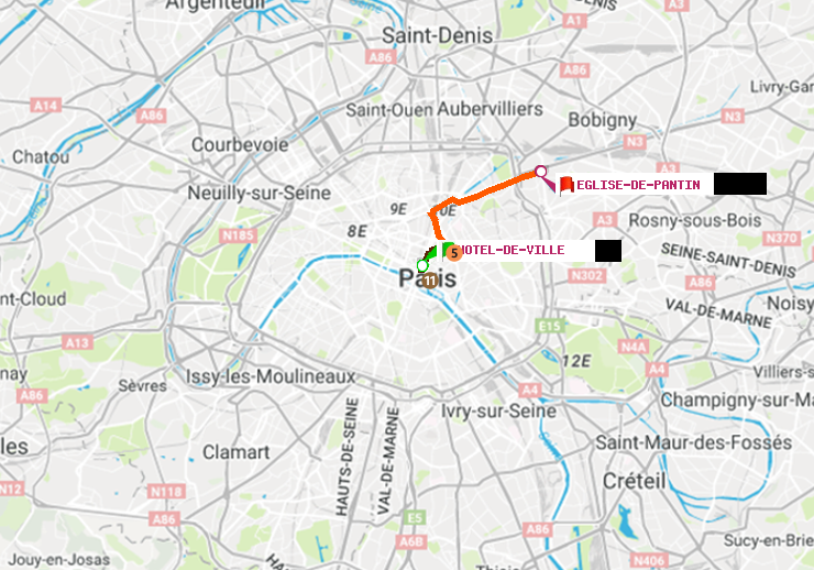 plan itinéraire ratp de Hôtel de Ville à Eglise de Pantin