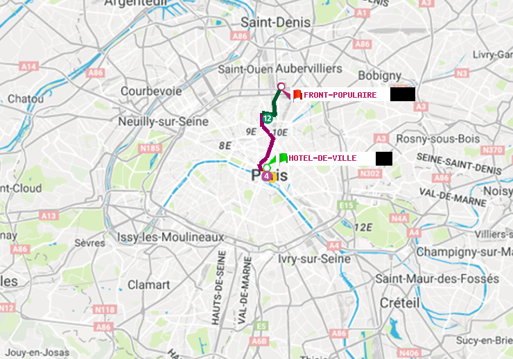 plan itinéraire ratp de Hôtel de Ville à Front Populaire