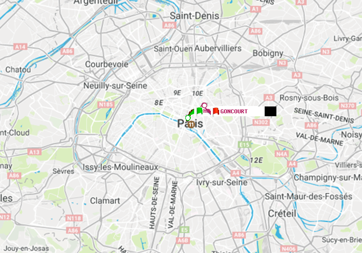 plan itinéraire ratp de Hôtel de Ville à Goncourt (Hôpital Saint-Louis)
