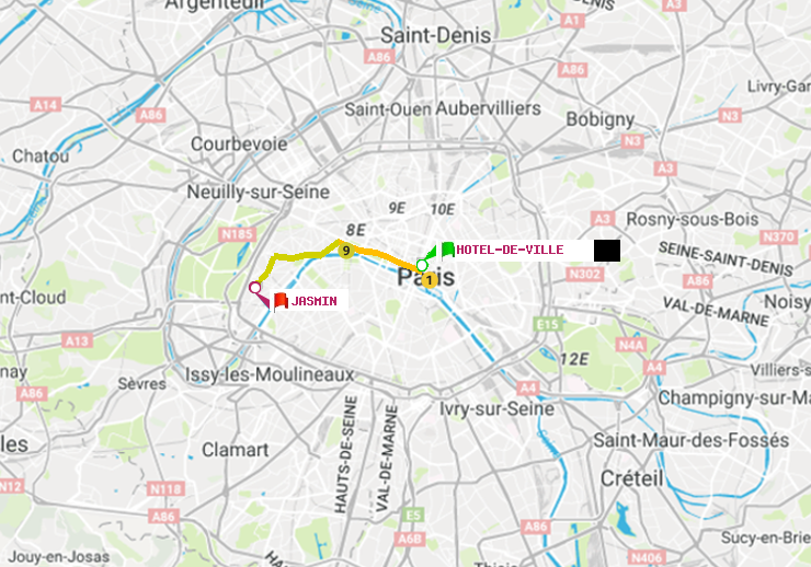 plan itinéraire ratp de Hôtel de Ville à Jasmin