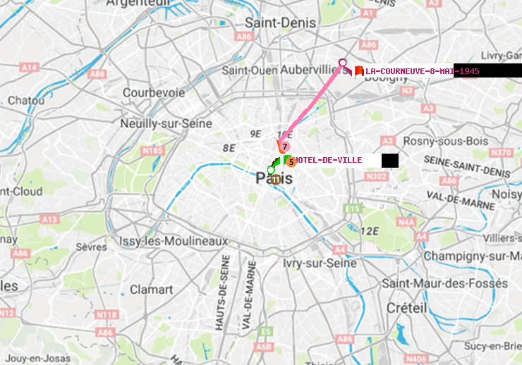 plan itinéraire ratp de Hôtel de Ville à La Courneuve-8-Mai-1945