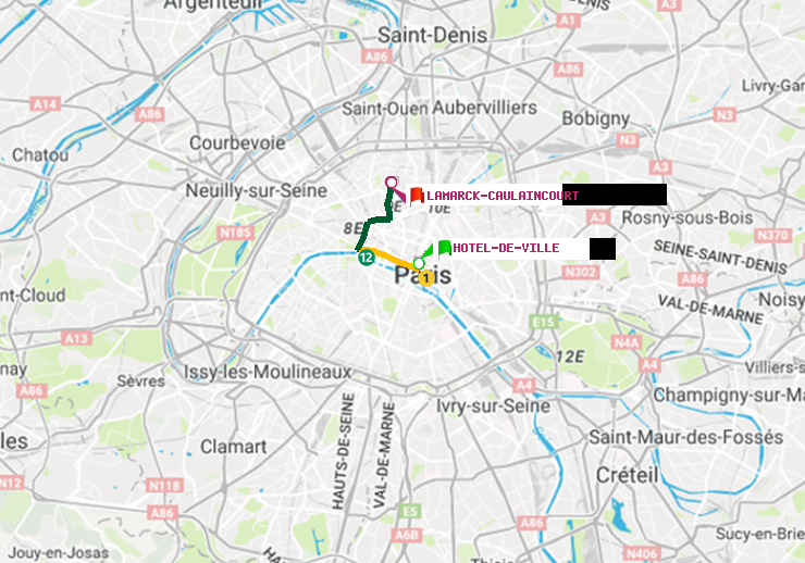 plan itinéraire ratp de Hôtel de Ville à Lamarck-Caulaincourt