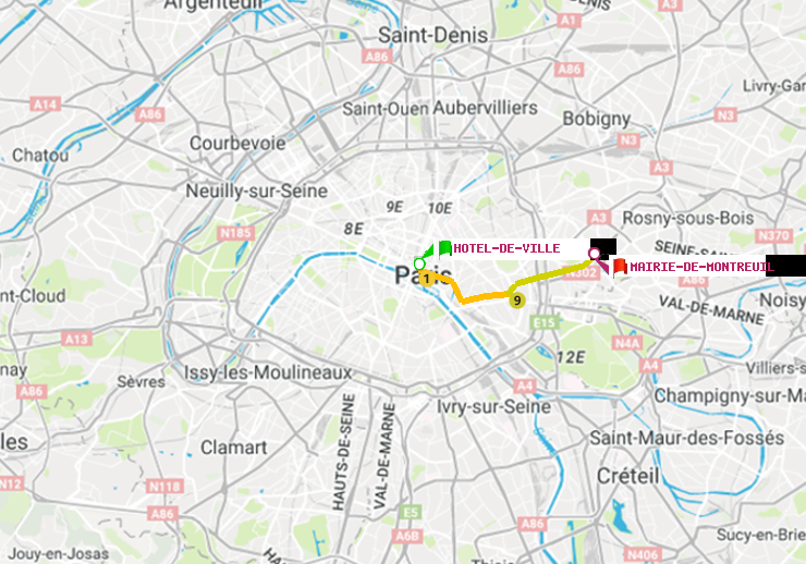 plan itinéraire ratp de Hôtel de Ville à Mairie de Montreuil