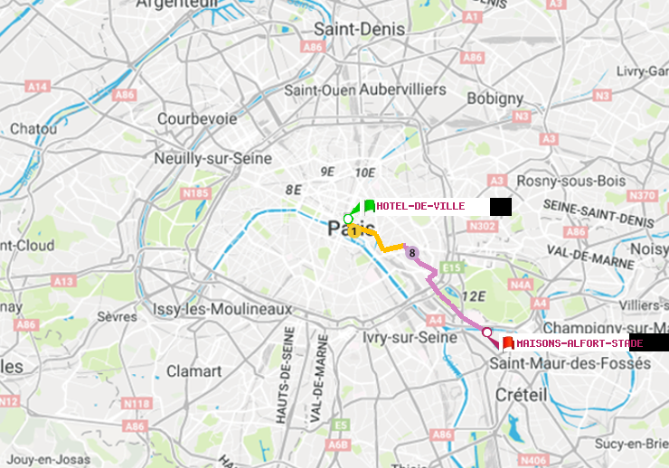 plan itinéraire ratp de Hôtel de Ville à Maisons-Alfort-Stade