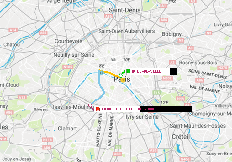 plan itinéraire ratp de Hôtel de Ville à Malakoff-Plateau de Vanves