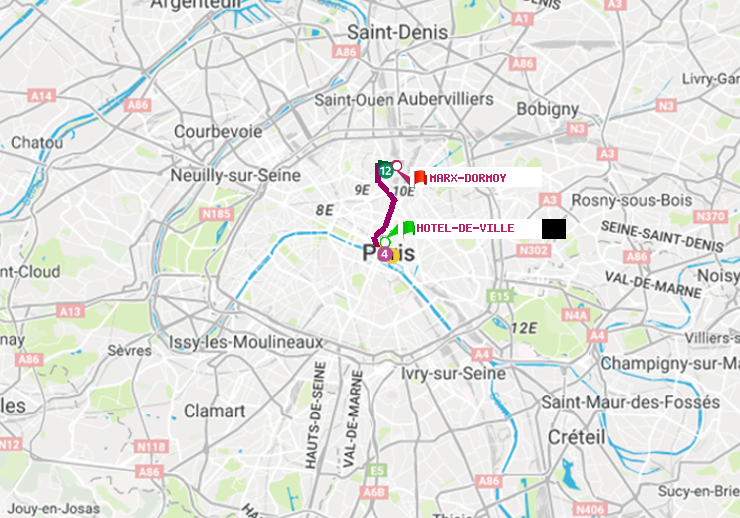 plan itinéraire ratp de Hôtel de Ville à Marx-Dormoy