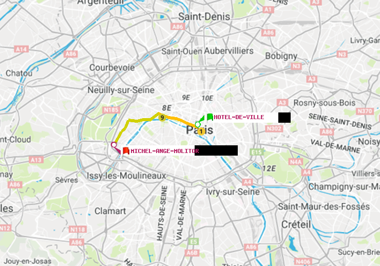 plan itinéraire ratp de Hôtel de Ville à Michel-Ange-Molitor