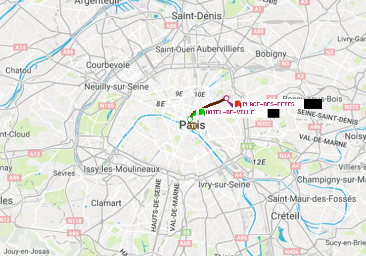 plan itinéraire ratp de Hôtel de Ville à Place des Fêtes