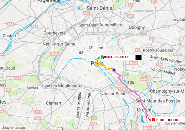 plan itinéraire ratp de Hôtel de Ville à Pointe du Lac
