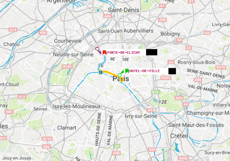 plan itinéraire ratp de Hôtel de Ville à Porte de Clichy