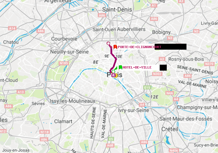 plan itinéraire ratp de Hôtel de Ville à Porte de Clignancourt