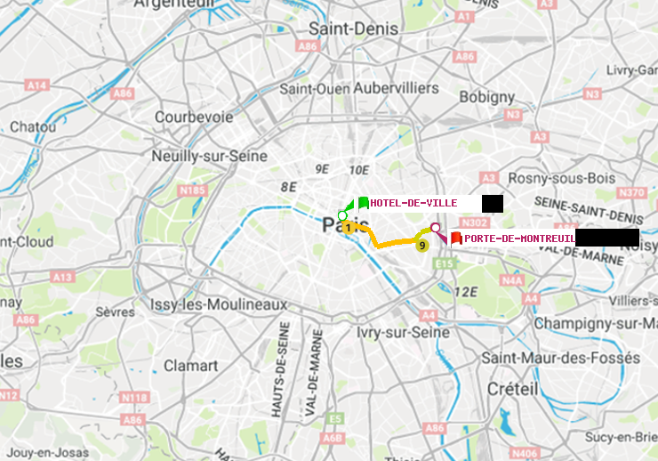 plan itinéraire ratp de Hôtel de Ville à Porte de Montreuil