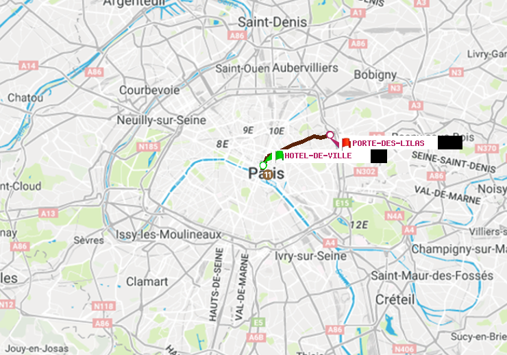 plan itinéraire ratp de Hôtel de Ville à Porte des Lilas