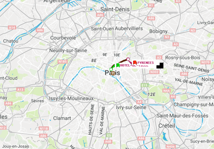 plan itinéraire ratp de Hôtel de Ville à Pyrenees