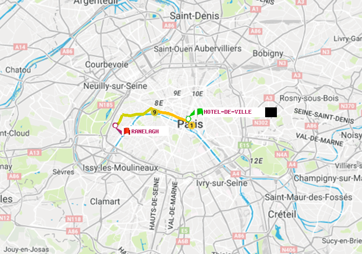 plan itinéraire ratp de Hôtel de Ville à Ranelagh