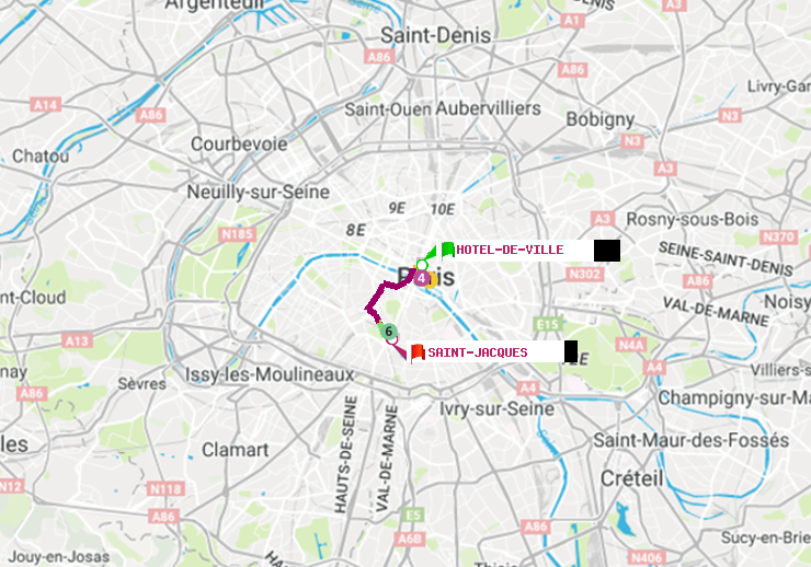 plan itinéraire ratp de Hôtel de Ville à Saint-Jacques