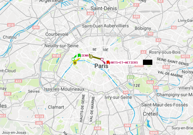 plan itinéraire ratp de Iéna à Arts-et-Métiers