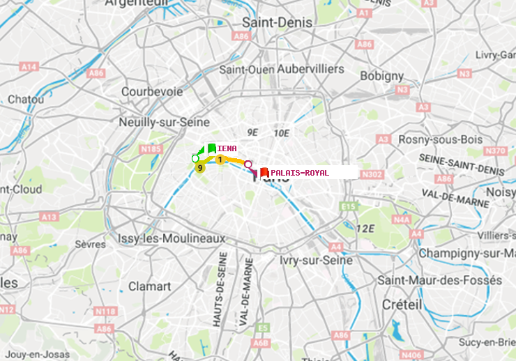 plan itinéraire ratp de Iéna à Palais-Royal (Musée du Louvre)