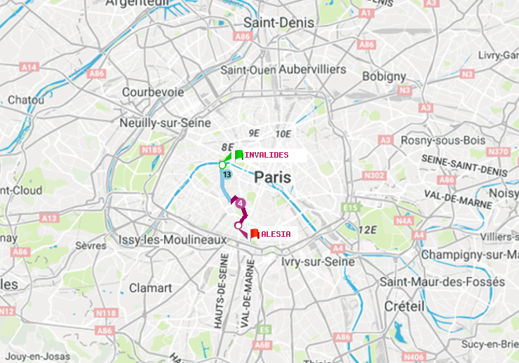 plan itinéraire ratp de Invalides à Alésia