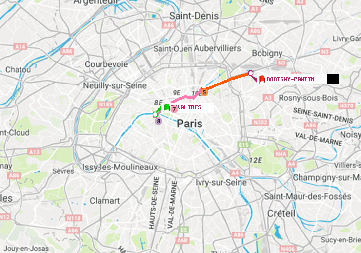 plan itinéraire ratp de Invalides à Bobigny-Pantin (Raymond Queneau)