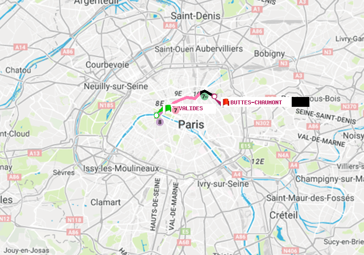 plan itinéraire ratp de Invalides à Buttes-Chaumont