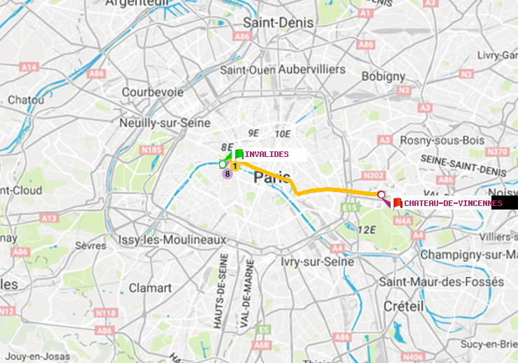 plan itinéraire ratp de Invalides à Château de Vincennes