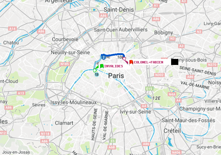 plan itinéraire ratp de Invalides à Colonel Fabien