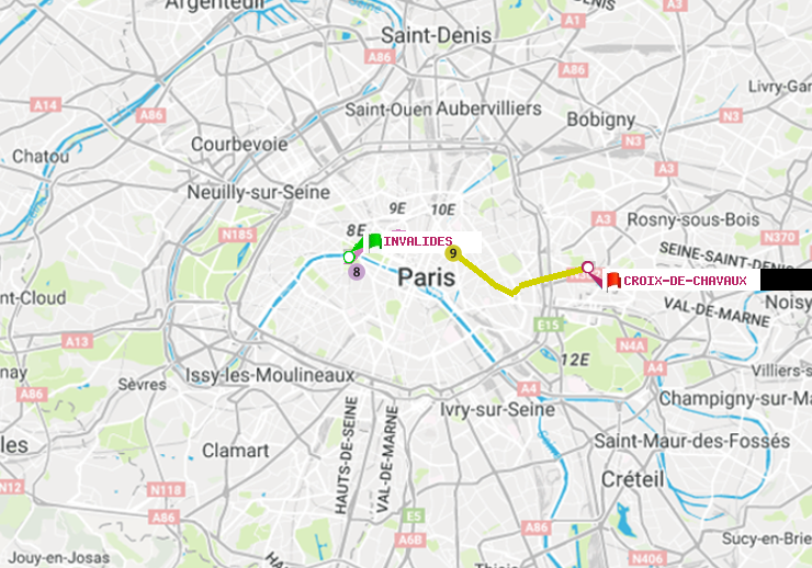plan itinéraire ratp de Invalides à Croix-de-Chavaux (Jacques Duclos)