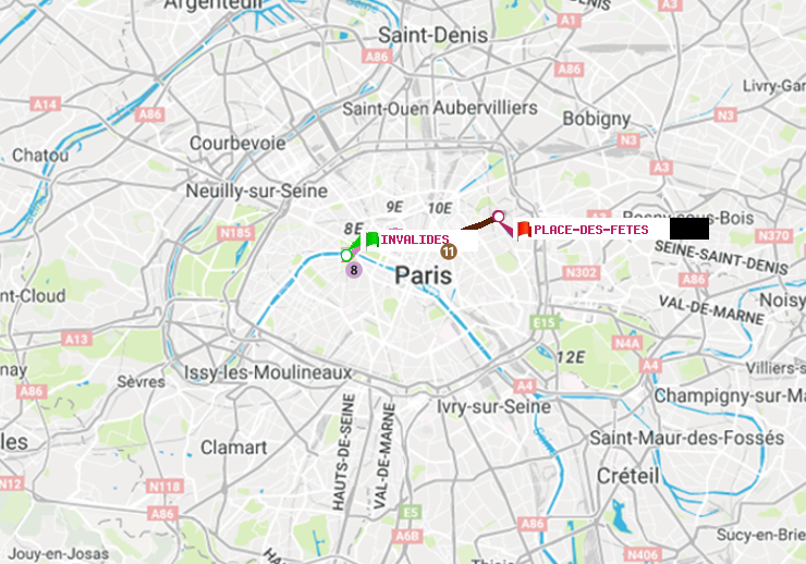 plan itinéraire ratp de Invalides à Place des Fêtes