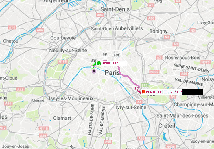 plan itinéraire ratp de Invalides à Porte de Charenton