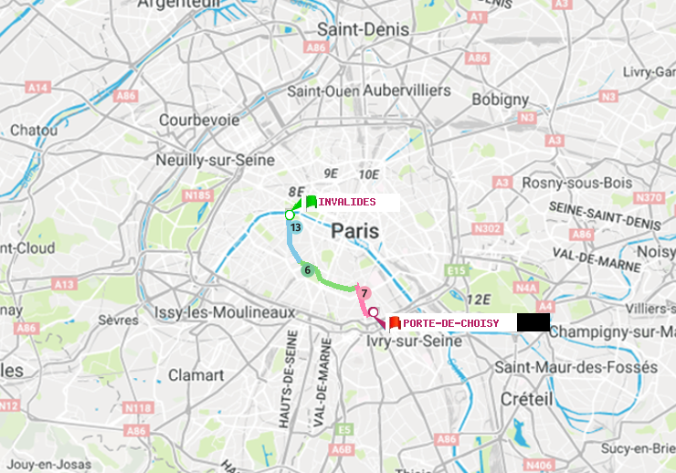 plan itinéraire ratp de Invalides à Porte de Choisy