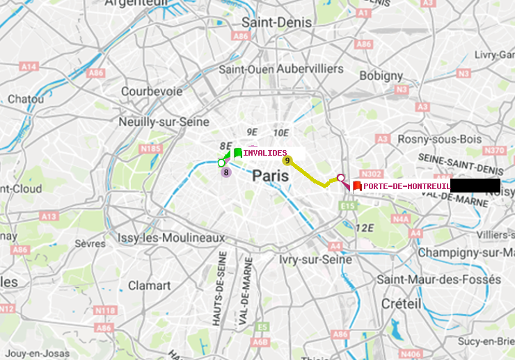 plan itinéraire ratp de Invalides à Porte de Montreuil