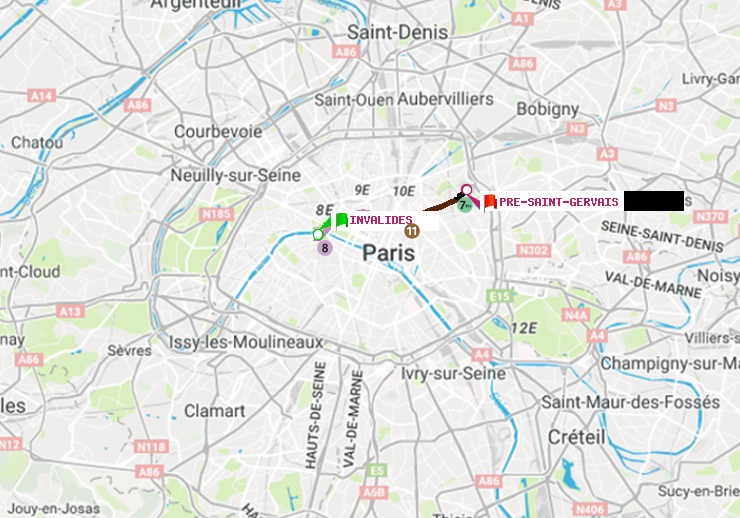 plan itinéraire ratp de Invalides à Pré-Saint-Gervais