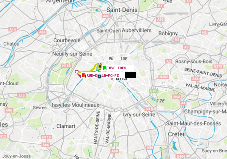 plan itinéraire ratp de Invalides à Rue de la Pompe (Avenue Georges Mandel)