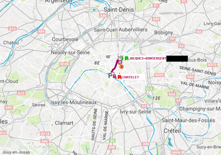 plan itinéraire ratp de Jacques-Bonsergent à Châtelet