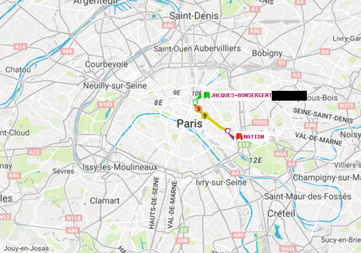 plan itinéraire ratp de Jacques-Bonsergent à Nation
